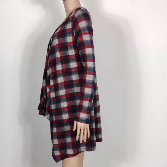 Women's Grace & Emma Medium tan & burgundy plaid waterfall open front ca… - Picture 4 of 9